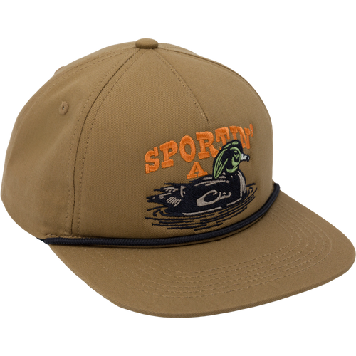 Sportin' A Woodie Rope Cap, featuring a duck motif, flat visor with rope trim, and adjustable snap back closure, crafted from durable cotton twill for outdoor comfort.