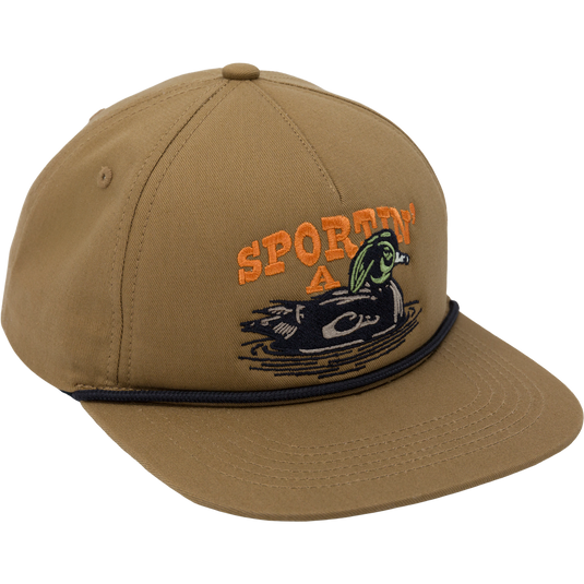 Sportin' A Woodie Rope Cap, featuring a duck motif, flat visor with rope trim, and adjustable snap back closure, crafted from durable cotton twill for outdoor comfort.