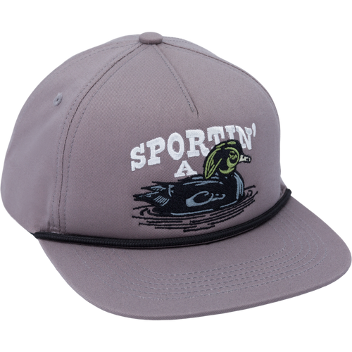 Sportin' A Woodie Rope Cap, featuring a duck emblem, cotton twill fabric, flat visor with rope trim, and adjustable snap back for versatile outdoor wear.