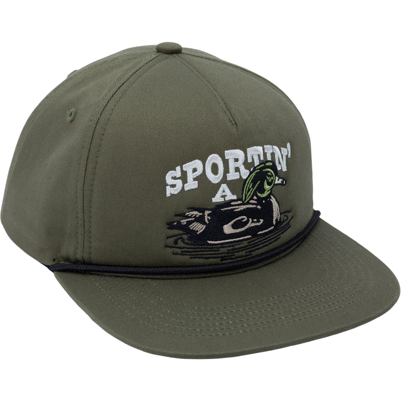 Sportin' A Woodie Rope Cap showcases a duck logo on a cotton twill 5-panel crown, with a flat visor and rope trim, featuring an adjustable snapback.