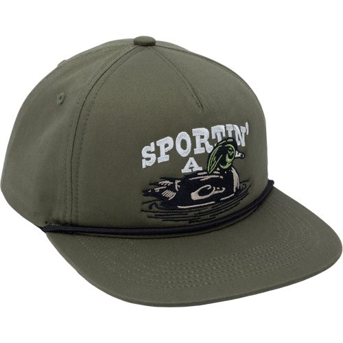 Sportin' A Woodie Rope Cap showcases a duck logo on a cotton twill 5-panel crown, with a flat visor and rope trim, featuring an adjustable snapback.