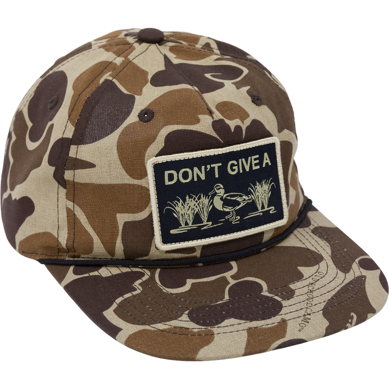Close-up of the Don't Give A Duck Rope Cap with a flat visor and rope trim, showcasing its 5-panel unstructured crown and adjustable snap back closure.