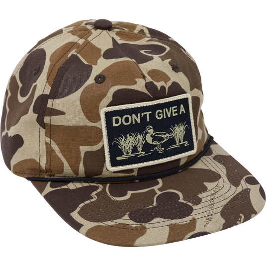 Close-up of the Don't Give A Duck Rope Cap with a flat visor and rope trim, showcasing its 5-panel unstructured crown and adjustable snap back closure.