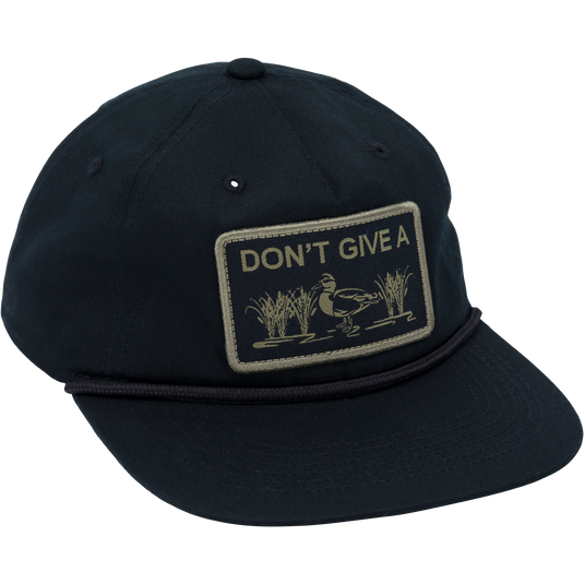 Close-up of the Don't Give A Duck Rope Cap, featuring a 5-panel unstructured crown, flat visor with rope trim, and adjustable snap back closure.