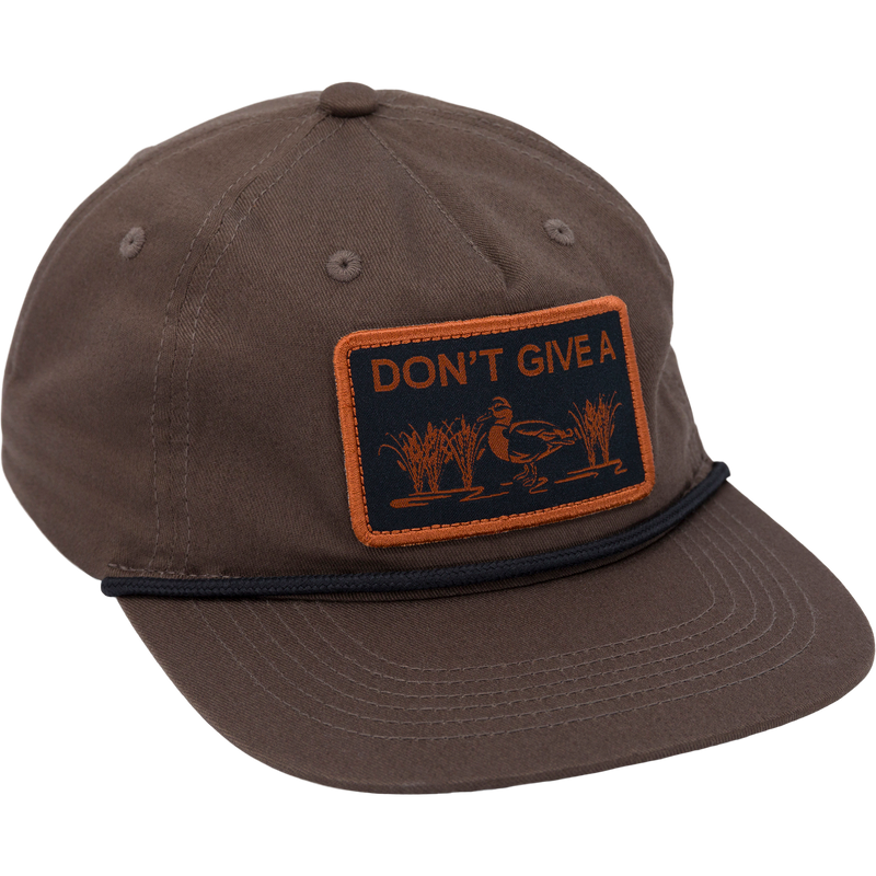 Don’t Give A Duck Rope Cap with 5-panel unstructured crown, flat visor with rope trim, and adjustable snap back, designed for waterfowl enthusiasts seeking style and comfort.