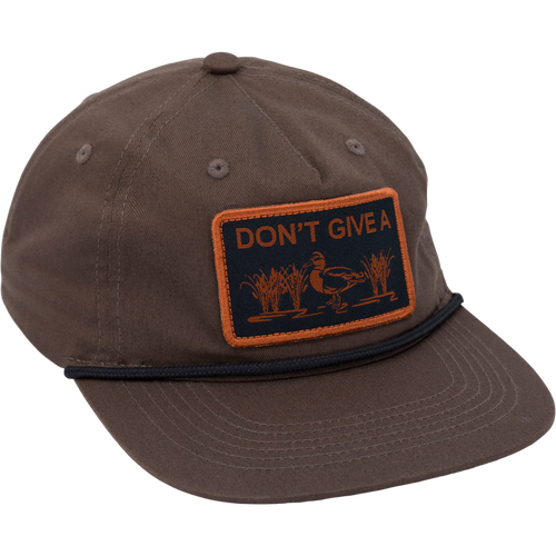 Don’t Give A Duck Rope Cap with 5-panel unstructured crown, flat visor with rope trim, and adjustable snap back, designed for waterfowl enthusiasts seeking style and comfort.