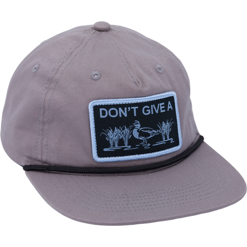 Don’t Give A Duck Rope Cap with a patch, featuring a flat visor with rope trim and adjustable snap back for comfort and style.