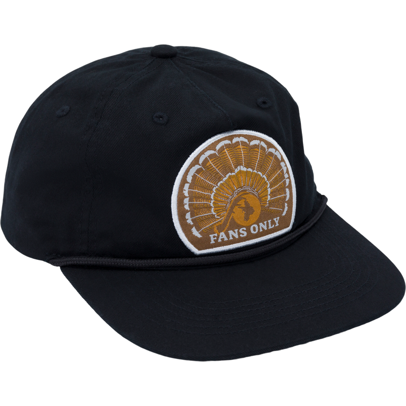 Fans Only Rope Cap with logo and rope-detailed flat visor, featuring a 5-panel unstructured crown and adjustable snap back for comfort and fit.