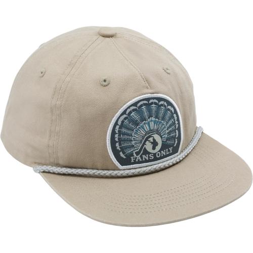 Fans Only Rope Cap with unstructured 5-panel crown, flat visor with rope detail, and adjustable snap back, designed for comfort and outdoor versatility.