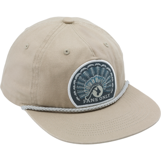 Fans Only Rope Cap with unstructured 5-panel crown, flat visor with rope detail, and adjustable snap back, designed for comfort and outdoor versatility.