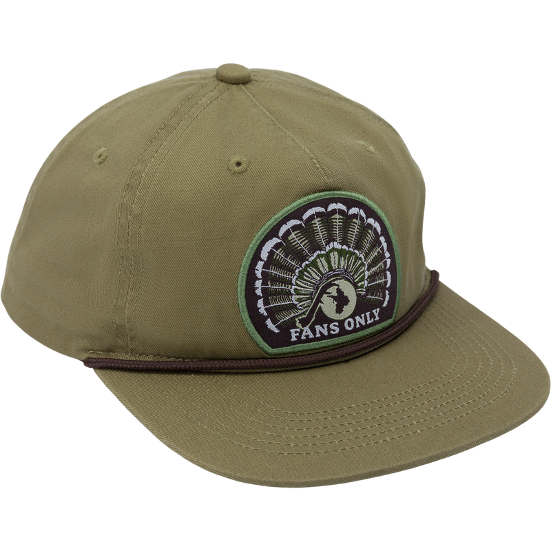 Fans Only Rope Cap featuring a 5-panel unstructured crown, flat visor with rope detailing, and adjustable snap back closure for comfort and customization.
