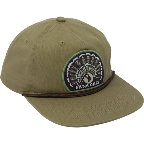 Fans Only Rope Cap featuring a 5-panel unstructured crown, flat visor with rope detailing, and adjustable snap back closure for comfort and customization.