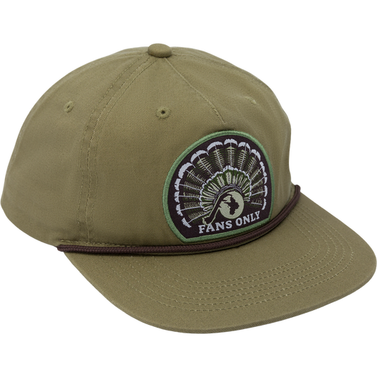 Fans Only Rope Cap featuring a 5-panel unstructured crown, flat visor with rope detailing, and adjustable snap back closure for comfort and customization.