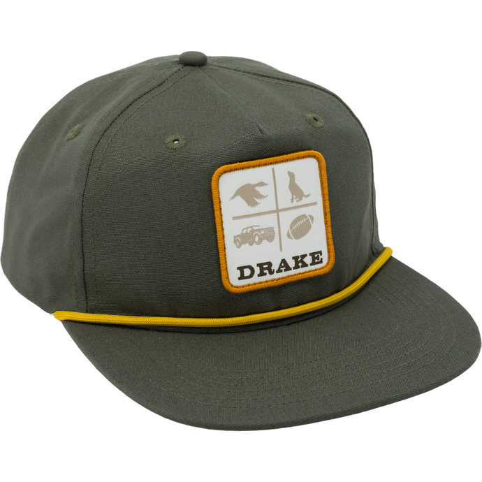 Drake X Lost Hat DDTF Goat Rope Cap featuring a white patch, flat visor, and adjustable snap-back closure, showcasing the unique 550 Paracord rope design.