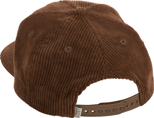 Drake X Lost Hat 3D Goat Rope Cord Cap featuring brown corduroy with an adjustable snap-back closure and color-matched 550 Paracord, perfect for versatile outdoor style.