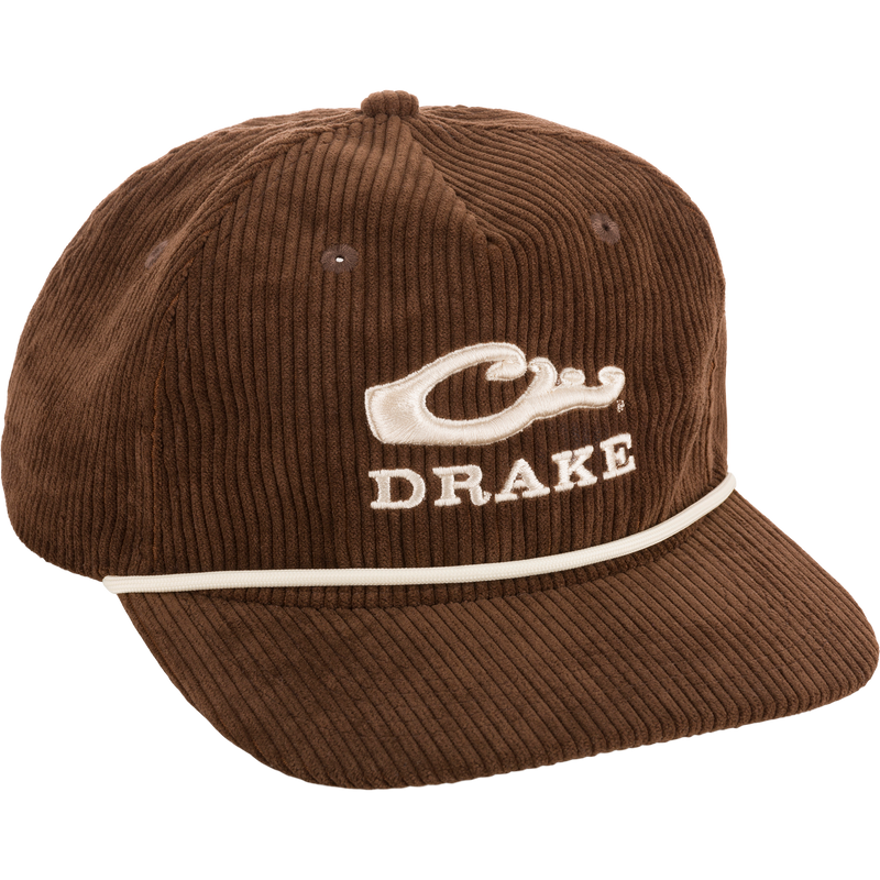 Drake X Lost Hat 3D Goat Rope Cord Cap, featuring brown corduroy with white logo, adjustable snap-back closure, and 5-panel crown construction, ideal for versatile outdoor wear.