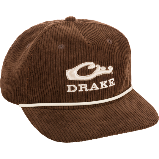 Drake X Lost Hat 3D Goat Rope Cord Cap, featuring brown corduroy with white logo, adjustable snap-back closure, and 5-panel crown construction, ideal for versatile outdoor wear.