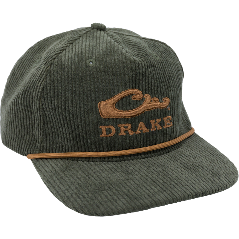 Drake X Lost Hat 3D Goat Rope Cord Cap featuring green corduroy with a brown logo and rope detail, adjustable snap-back closure, and five-panel crown.