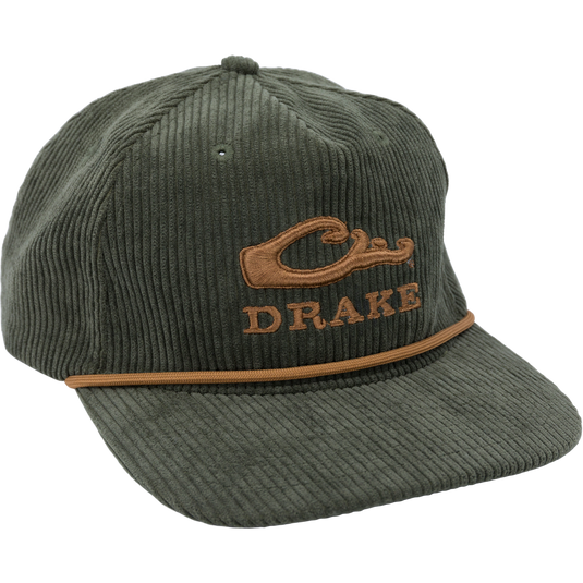 Drake X Lost Hat 3D Goat Rope Cord Cap featuring green corduroy with a brown logo and rope detail, adjustable snap-back closure, and five-panel crown.