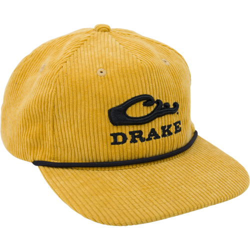 Drake X Lost Hat 3D Goat Rope Cord Cap featuring a black logo on yellow corduroy with adjustable snap-back and flat visor design.