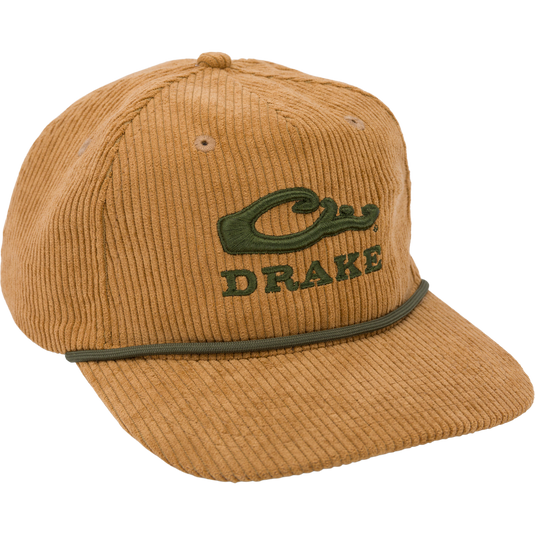 Drake X Lost Hat 3D Goat Rope Cord Cap featuring a brown corduroy design, green embroidered logo, flat visor, and adjustable snap-back closure.