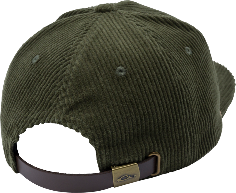 OG Bottomland Patch Cord Rope Hat, olive-green corduroy with ribbed texture, adjustable leather strap, brass buckle, ideal for stylish outdoor adventures.