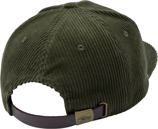 OG Bottomland Patch Cord Rope Hat, olive-green corduroy with ribbed texture, adjustable leather strap, brass buckle, ideal for stylish outdoor adventures.
