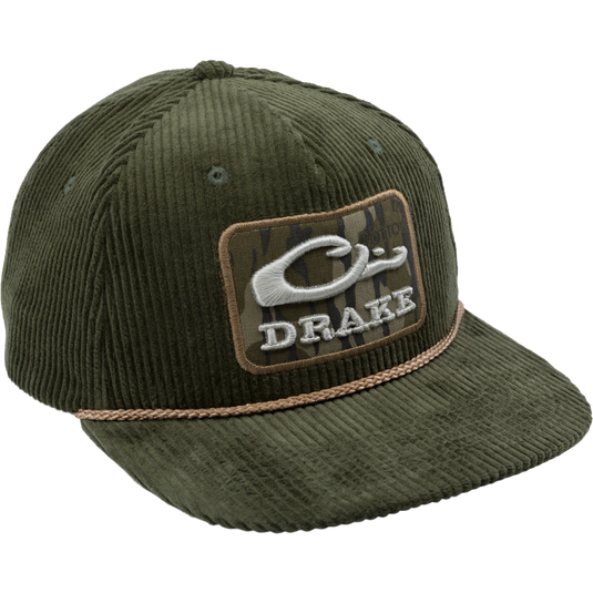 OG Bottomland Patch Cord Rope Hat featuring an unstructured mid-crown design with a camo patch and rope detail, ideal for stylish outdoor adventures.