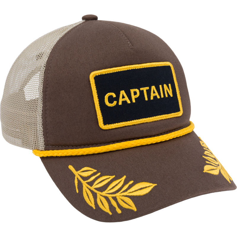 Captain Patch Rope Cap with a structured design, mid crown, and solid back. Features a slight pre-curved visor and plastic snap closure for easy adjustment.