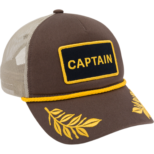 Captain Patch Rope Cap with a structured design, mid crown, and solid back. Features a slight pre-curved visor and plastic snap closure for easy adjustment.