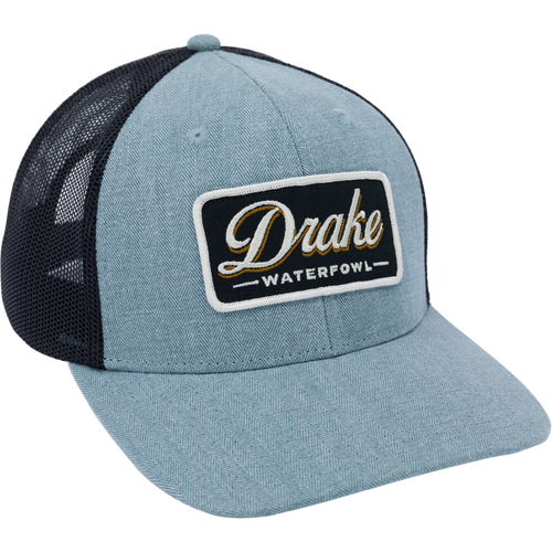 Herringbone Patch Mesh Back Cap with pro round crown, mesh back for breathability, chino twill front, and woven loop label for stylish, structured fit.
