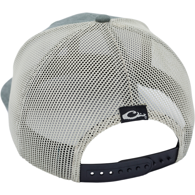 Herringbone Patch Mesh Back Cap with pro round crown, structured design, chino twill front, mesh back, woven loop label, and plastic snap closure.