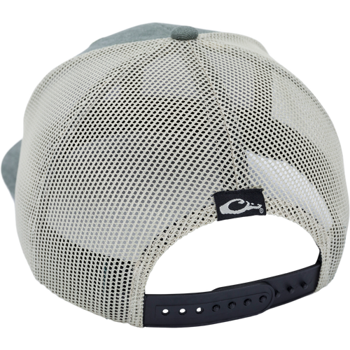 Herringbone Patch Mesh Back Cap with pro round crown, structured design, chino twill front, mesh back, woven loop label, and plastic snap closure.