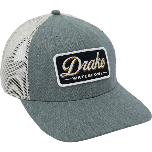 Herringbone Patch Mesh Back Cap with structured pro round crown, chino twill front, breathable mesh back, woven loop label, and plastic snap closure.