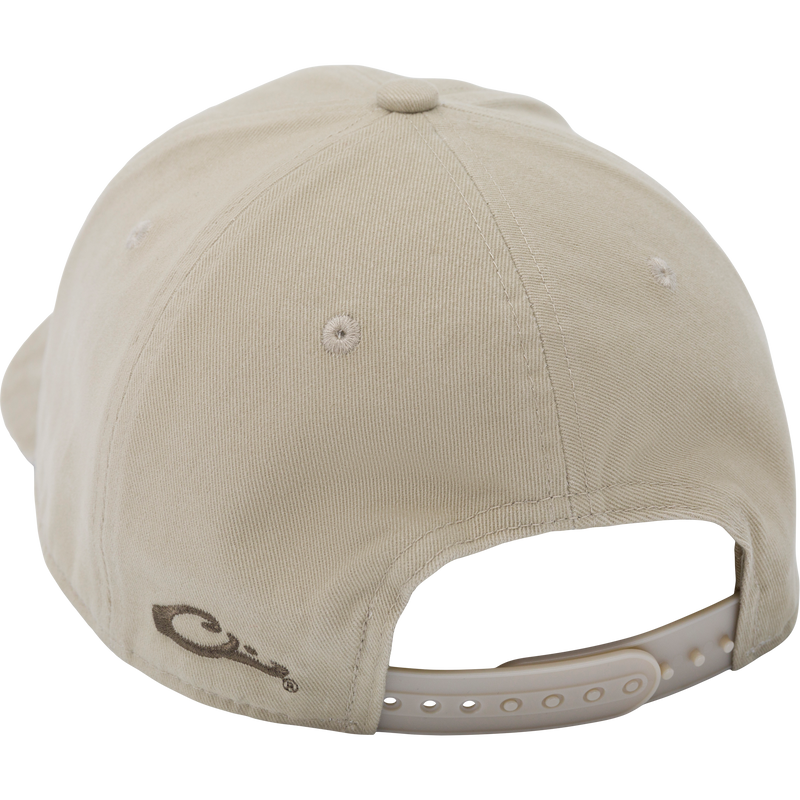 Decoy Dad Cap's back view showing six-panel design, stitched eyelets, small logo, and adjustable snap-closure, highlighting its durability and comfort for hunting enthusiasts.