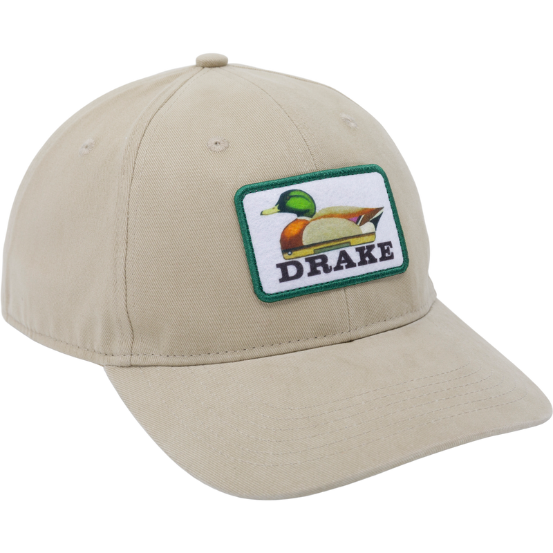 Decoy Dad Cap with embroidered mallard patch and DRAKE text, featuring a low-profile design with cotton twill and adjustable snap closure.
