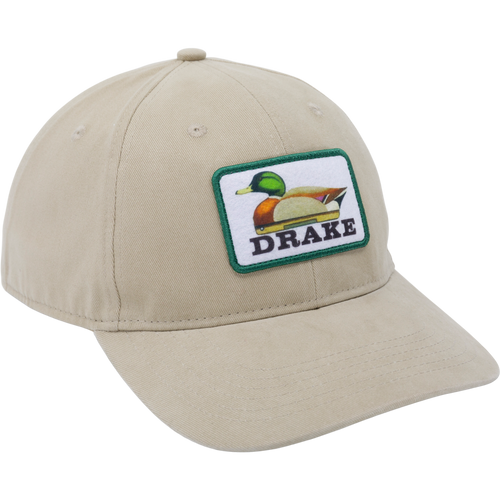Decoy Dad Cap with embroidered mallard patch and DRAKE text, featuring a low-profile design with cotton twill and adjustable snap closure.