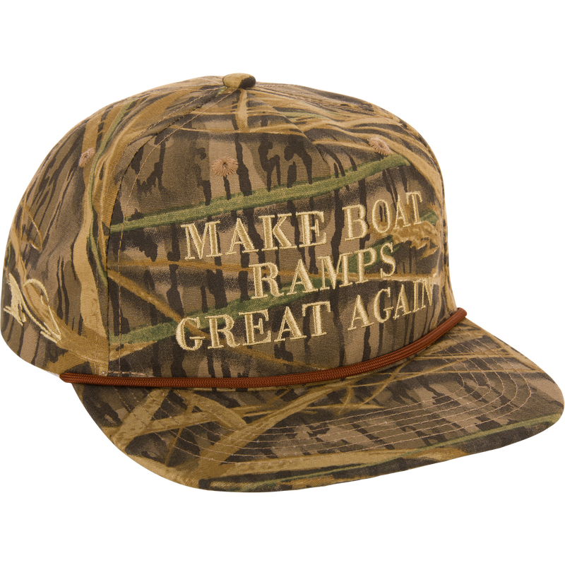 Make Boat Ramps Great Again Rope Cap with camouflage pattern, front embroidery, and adjustable snap back closure, supporting boat ramp restoration efforts.