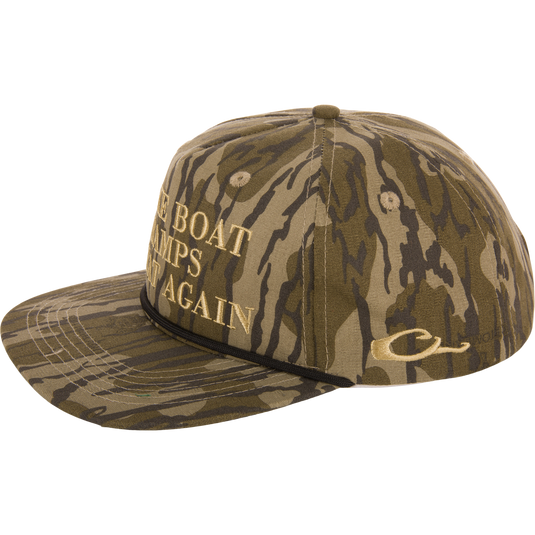 Make Boat Ramps Great Again Rope Cap with camouflage design, featuring front embroidery, flat bill visor, and adjustable snap back closure.