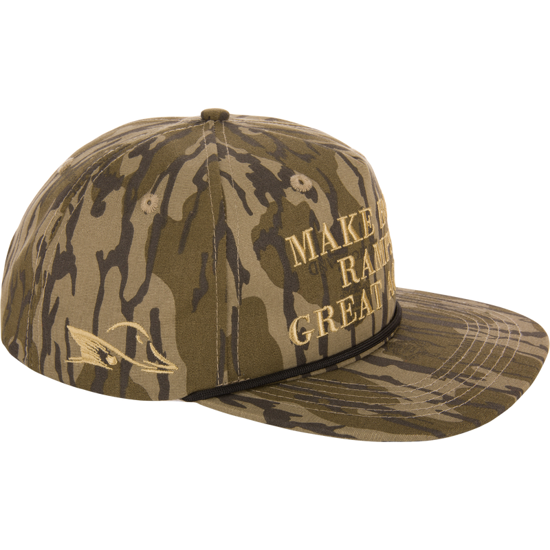 Camouflage Make Boat Ramps Great Again cap with flat bill, adjustable snapback, and embroidered designs, supporting boat ramp restoration, from Purewhitelaneshop.