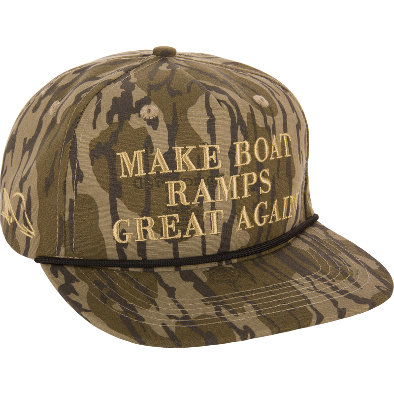 Make Boat Ramps Great Again Rope Cap with front embroidery, featuring a 5-panel crown, flat bill, and adjustable snap back. Proceeds aid boat ramp restorations.