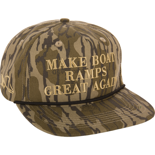 Make Boat Ramps Great Again Rope Cap with front embroidery, featuring a 5-panel crown, flat bill, and adjustable snap back. Proceeds aid boat ramp restorations.