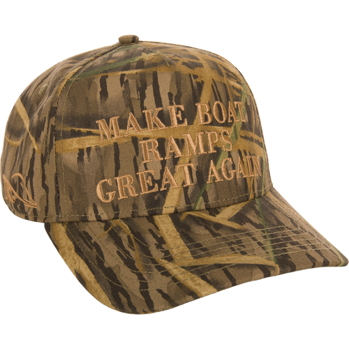 Make Boat Ramps Great Again Cap with camouflage pattern, embroidered text, 5-panel crown, flat bill, adjustable snap back, supporting boat ramp restoration.