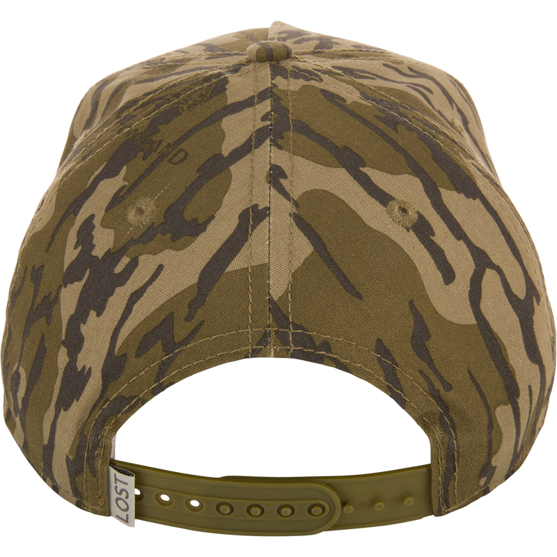 Make Boat Ramps Great Again Cap with camouflage pattern, featuring front embroidery, adjustable snap back, and Prodigy Boats and Drake Duck Head side embroidery.