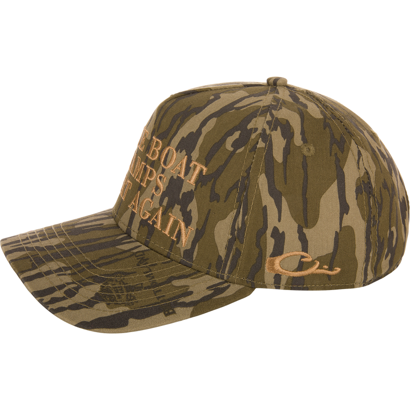 Make Boat Ramps Great Again Cap with camouflage pattern, featuring front embroidery, adjustable snapback closure, and additional Drake Duck Head and Prodigy Boats embroidery.