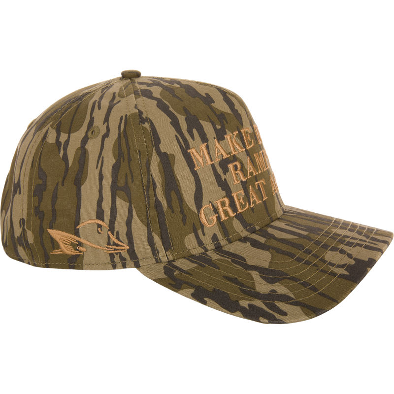 Make Boat Ramps Great Again Cap featuring a camouflage design, Drake Duck Head embroidery, and adjustable snap back closure, supporting boat ramp restoration efforts.
