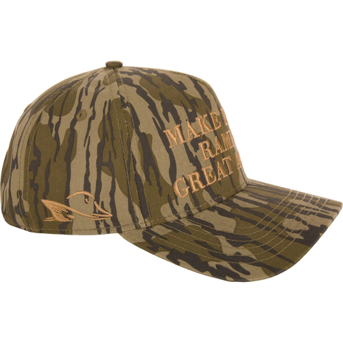 Make Boat Ramps Great Again Cap featuring a camouflage design, Drake Duck Head embroidery, and adjustable snap back closure, supporting boat ramp restoration efforts.