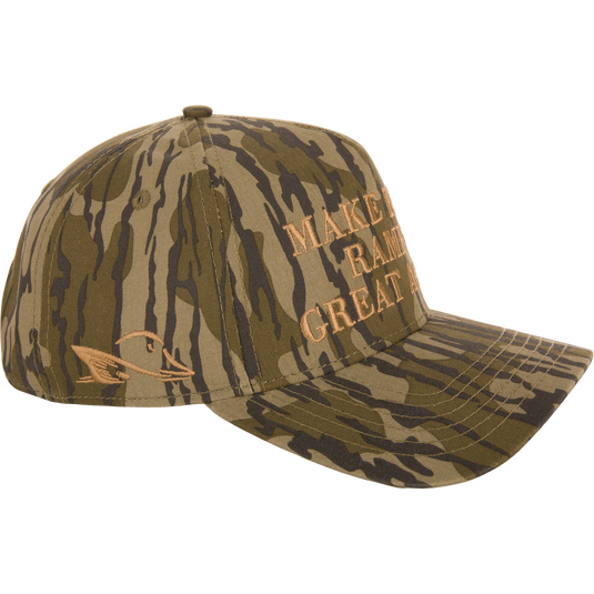 Make Boat Ramps Great Again Cap featuring a camouflage design, Drake Duck Head embroidery, and adjustable snap back closure, supporting boat ramp restoration efforts.