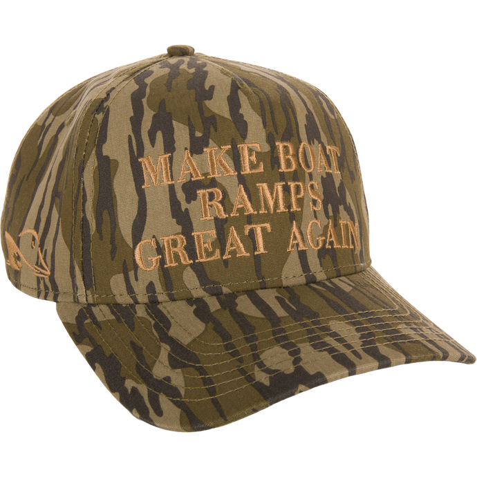Make Boat Ramps Great Again Cap featuring front embroidery, 5-panel crown, curved visor, and adjustable snap back closure, supporting boat ramp restoration efforts.