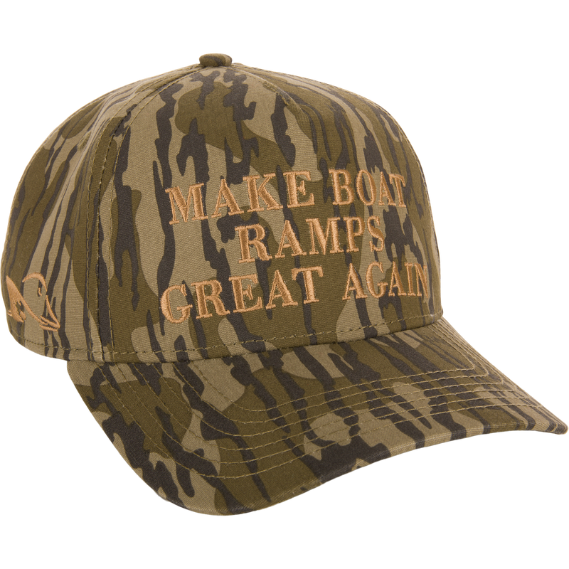 Make Boat Ramps Great Again Cap featuring front embroidery, 5-panel crown, curved visor, and adjustable snap back closure, supporting boat ramp restoration efforts.